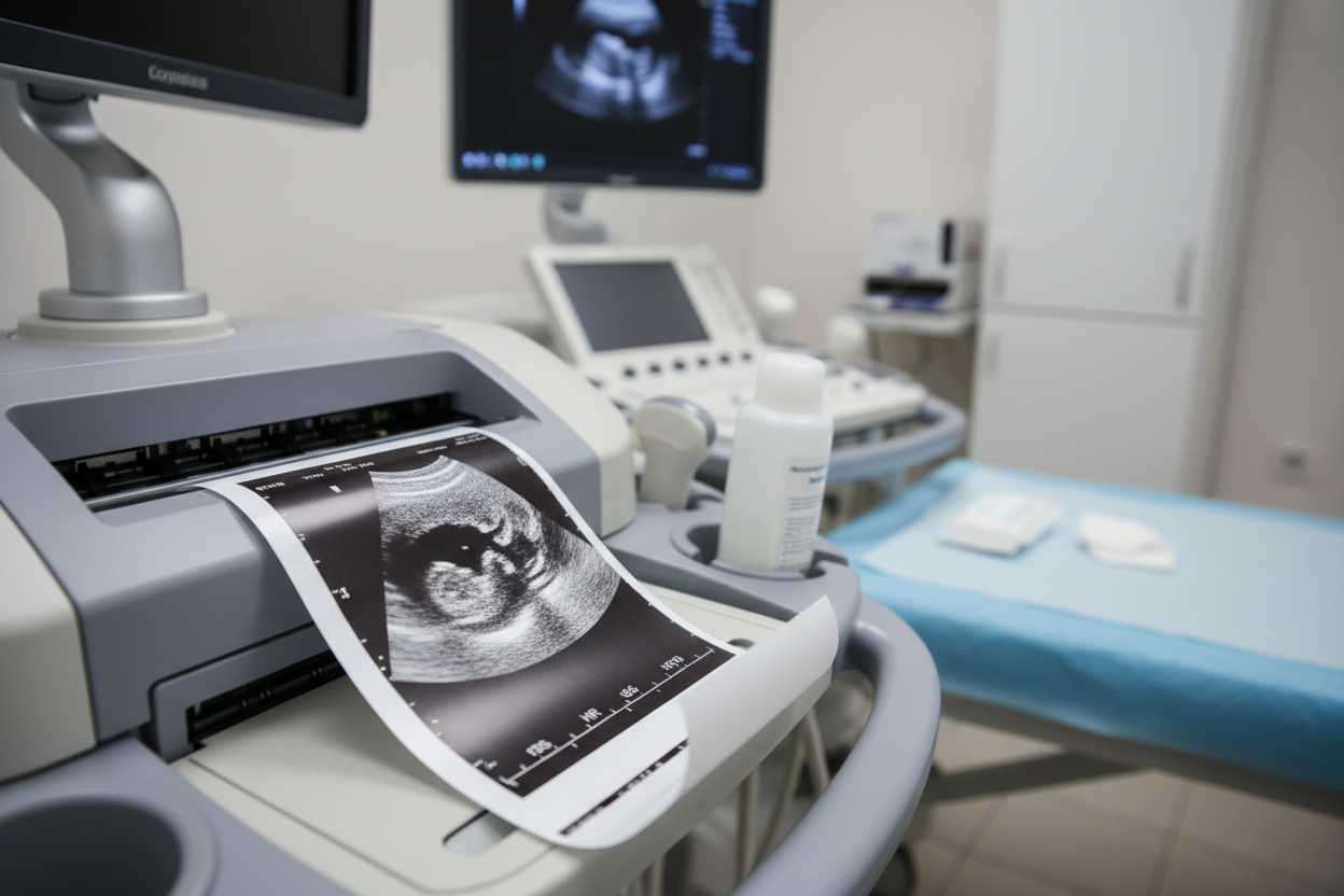 same kind of medical office setting with ultra sound machine being used and printing. Again no faces and focus on the printing of the ultrasound image